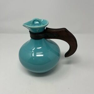 Vintage Gladding McBean Pottery Pitcher Carafe w/ Wood Handle & Lid